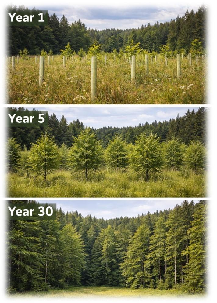 Three stacked images showing forest growth over time. The top image, labeled “Year 1,” shows young trees protected by tubes in tall grass. The middle image, labeled “Year 5,” shows small but established trees with fuller canopies. The bottom image, labeled “Year 30,” shows a dense, mature forest, illustrating long-term reforestation progress.