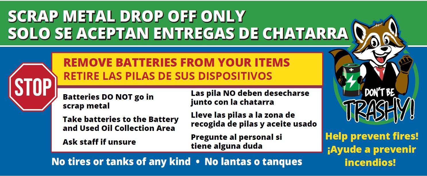 Scrap Metal Disposal - No Batteries Poster with Trashy Raccoon 
